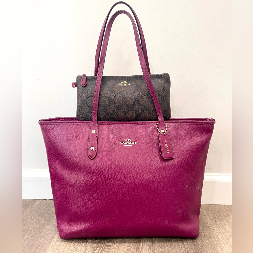 COACH✨Dahlia Purple & Gold Cross Grain Leather City Zip Tote & Wallet - Picture 2 of 16